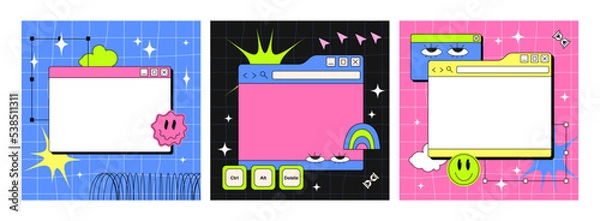 Obraz A set of PC windows in the y2k style. Retro interface of an old computer with a bright color. Retro wave and vaporwave