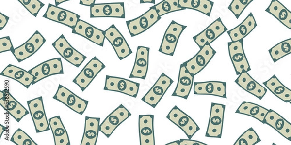 Obraz Money flying seamless pattern. Dollar banknotes randomly falling. USA currency signs abstract repeating texture. Wrapping background. Stylized vector eps8 illustration.