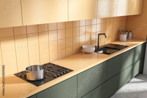 Fototapeta Top view of colorful kitchen interior with minimalist kitchenware and sink