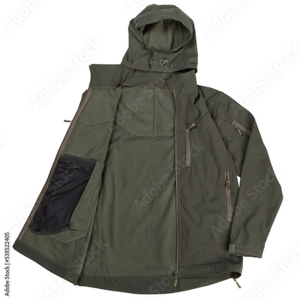 Fototapeta Waterproof jacket khaki, with fleece lining, on a white background, flat lay, isolate
