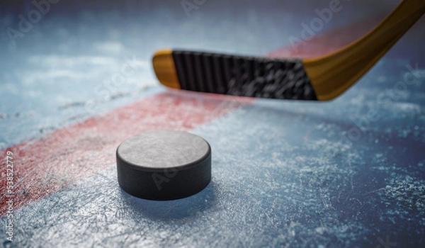 Fototapeta Hockey puck on ice at stadium.