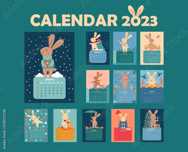 Fototapeta Calendar template 2023 with images of cute RABBIT - symbols of the Chinese calendar year. Design concept with rabbits in different seasons. A set of 12 months, 12 different pages. Vector illustration