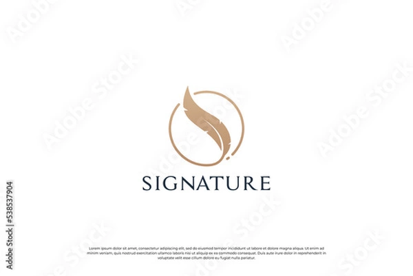 Obraz Golden quill signature logo design. Feather pen logo template.