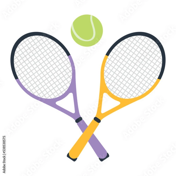 Fototapeta Tennis rackets and a ball. Tennis and ball icon in fashionable flat style, highlighted on a white background. A sports symbol for your web design, logo, user interface. Vector illustration.