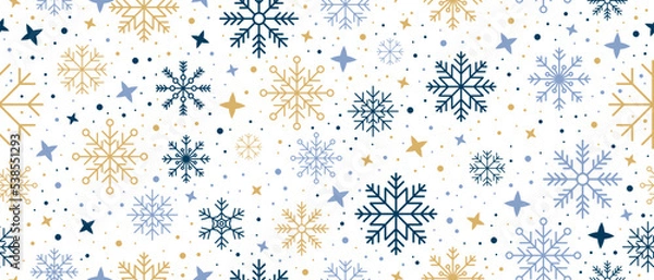 Fototapeta Abstract snowflake seamless border. Snowflakes seamless pattern. Snowfall repeat backdrop. Winter holidays theme. Seamless background with snowflakes. Vector illustration