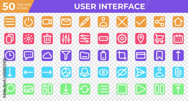 Obraz Set of 50 User Interface icons in square style. Menu, calendar, clock. Square icons collection. Vector illustration