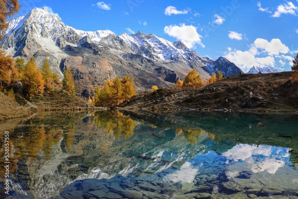 Obraz Lac Bleu of Arolla lake in Canton Valais in colorful autumn season with reflection of Dent de Veisivi and Dent di Perroc peaks.