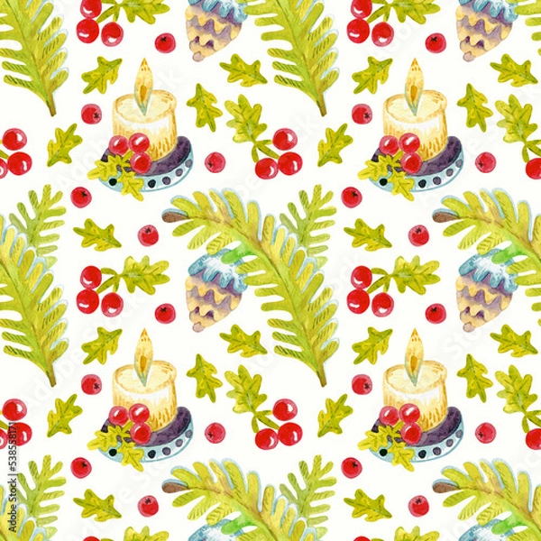 Fototapeta Christmas, festive seamless pattern with spruce twig, cone, holiday candle and mistletoe sprigs. Pattern for wrapping paper, festive textiles, scrapbooking.