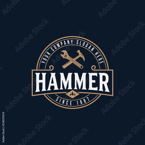 Fototapeta Hammar vector illustration with carpentry vintage logo template vector design. retro classic woodwork, lumberjack, workshop icon logo concept