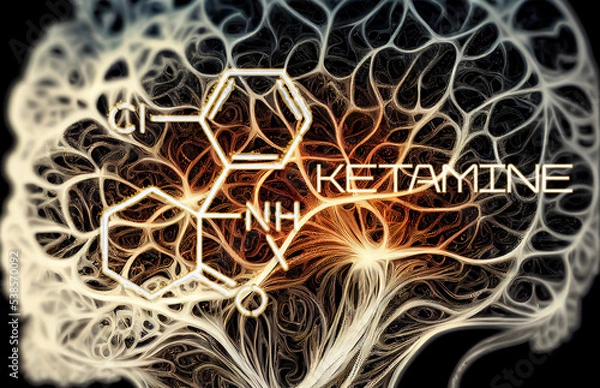 Fototapeta Ketamine. Dissociative ketamine. Chemical formula, molecular structure. Ilustration background for your desigen. Disoviative drugs. Ketamin banner.