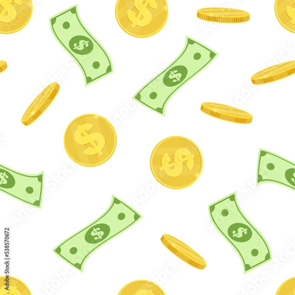 Fototapeta Dollar banknotes and golden coins seamless pattern