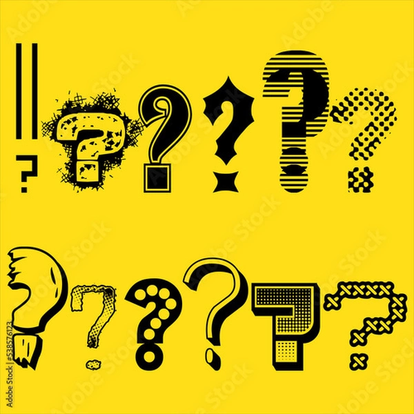 Fototapeta Set of artistic, bold, rough, grunge question marks. Collection of black unusual, impressive, 3d interrogation points isolated on yellow background.