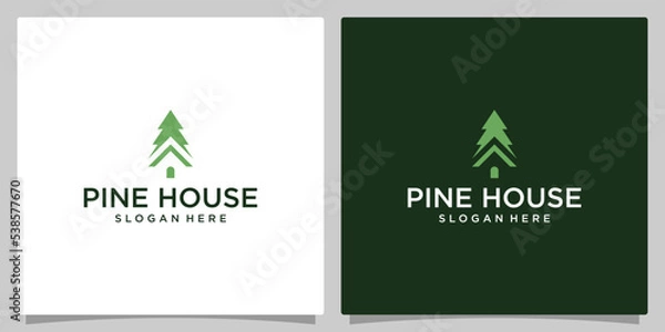 Fototapeta Pine tree Logo Design Template with house building logo vector design template.