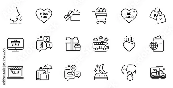 Obraz Outline set of Opened gift, Web shop and Miss you line icons for web application. Talk, information, delivery truck outline icon. Include Surprise package, Sale, Travel passport icons. Vector