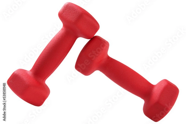 Fototapeta Two red dumbbells, as if levitating, the edges of the dumbbells are raised, concept, on a white background, isolate
