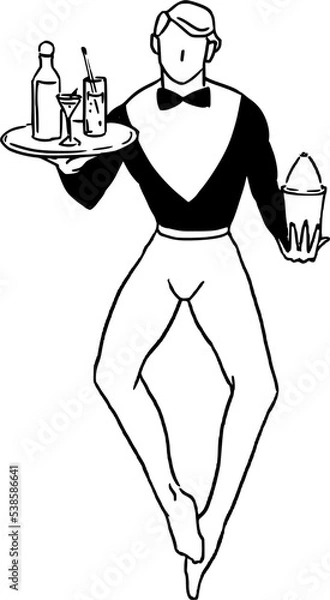 Fototapeta Illustration of bar man with alcohol drinks. People and job concept. Simple line drawing vector illustration.