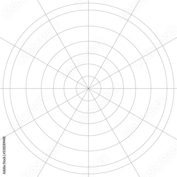 Fototapeta Polar grid with 7 concentric circles, 12 radial dividers, 30 degrees steps. Mandala template. Isolated png illustration, transparent background. Asset for pattern, overlay, montage. Design concept.	