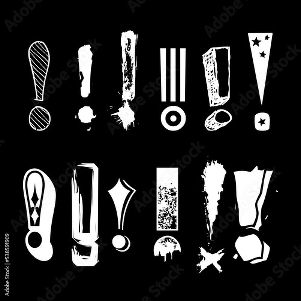 Fototapeta Set of grunge, bold, rough exclamation marks or points. Collection of white emphasis punctuaction marks isolated on black background.