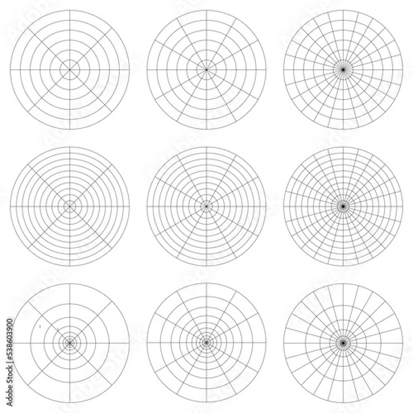 Obraz Black polar grid, concentric circles, radial dividers. Mandala template. Isolated vector, png illustration, transparent background. Asset for pattern, overlay, montage, collage, charts, guide. 