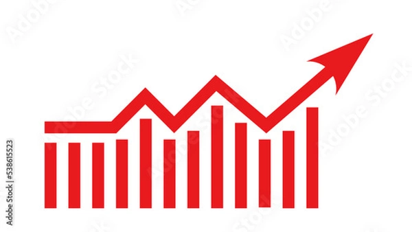 Obraz Red growing up arrow sign isolated on white background. Bar charts and graph. Rising price. Inflation concept. Finance and Economy. Graphic statistics. Financial planning and markets. Infographic.