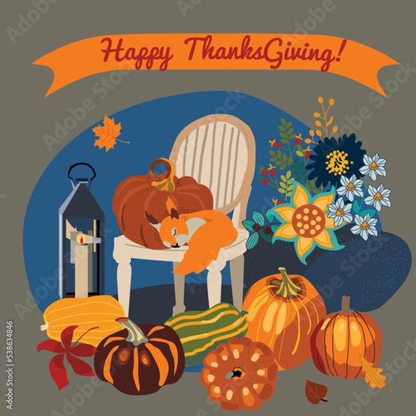 Obraz thanksgving  card with pumpkins and squirrel