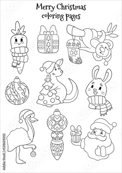 Fototapeta Merry Christmas and Happy New Year greeting card. Black and white vector illustration for coloring book. Hare, carrot, koala, kangaroo, rabbit, santa, emu and tree are here. 