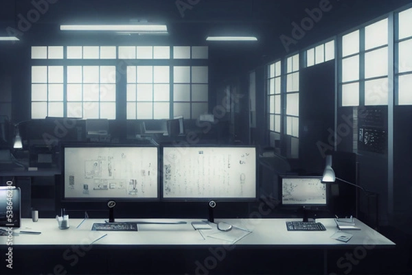 Fototapeta Ein Computerarbeitsplatz mit 2 Monitoren in einem leeren Büro