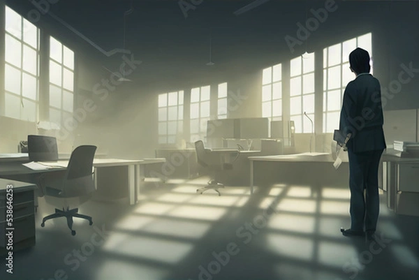 Fototapeta Eine Person steht in einem sonst leeren Büro und sucht anscheinend jemanden