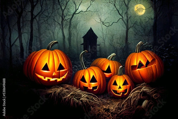 Obraz Halloween Pumpkins in epic scene. showcase proudact Background. 3D render