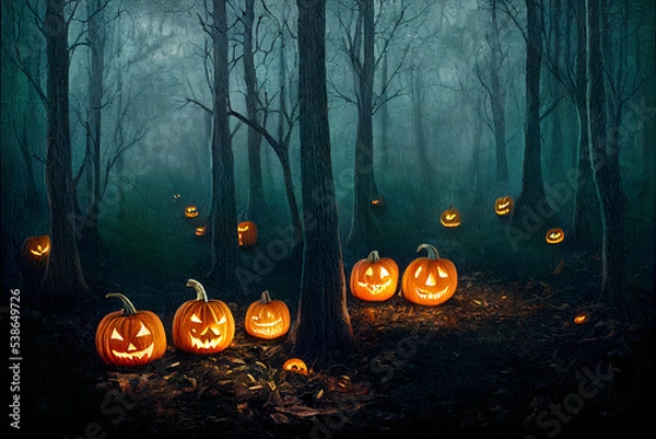 Obraz Halloween Pumpkins in epic scene. showcase proudact Background. 3D render
