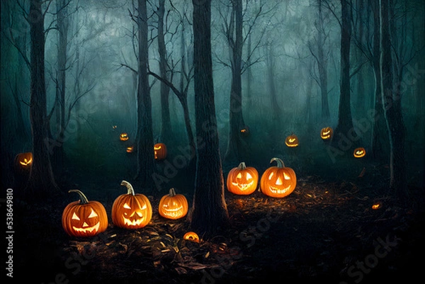 Obraz Halloween Pumpkins in epic scene. showcase proudact Background. 3D render