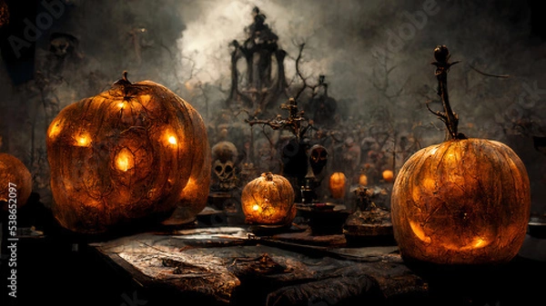 Obraz Halloween Pumpkins in epic scene. showcase proudact Background. 3D render