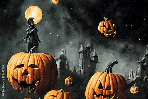 Obraz Halloween Pumpkins in epic scene. showcase proudact Background. 3D render