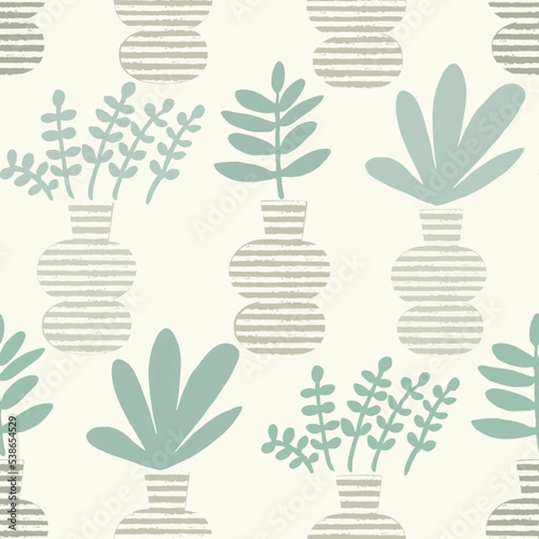 Fototapeta Hand painted seamless pattern with plants on cream background.