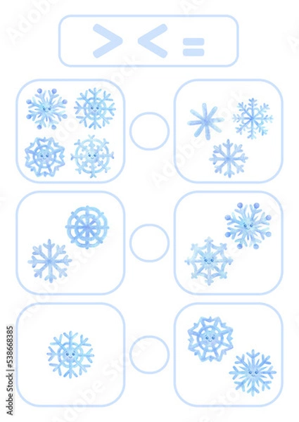 Fototapeta Activity page, sheet for kids. A mathematical task for comparing numbers. Winter game for teaching a child. Exercise with a snowflake pattern. Counting lesson for preschooler more, less, equal