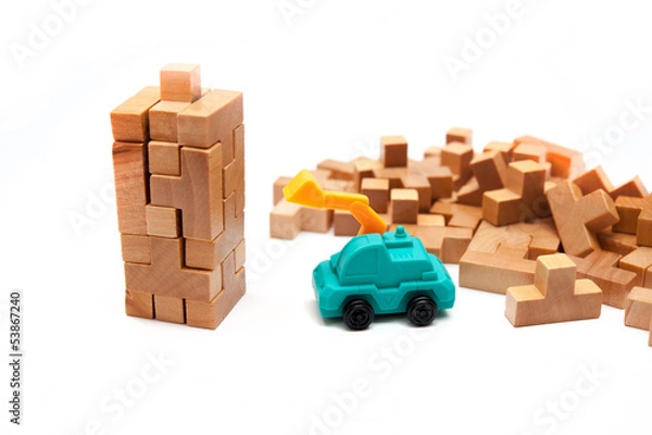 Fototapeta 大量の積み木とショベルカー