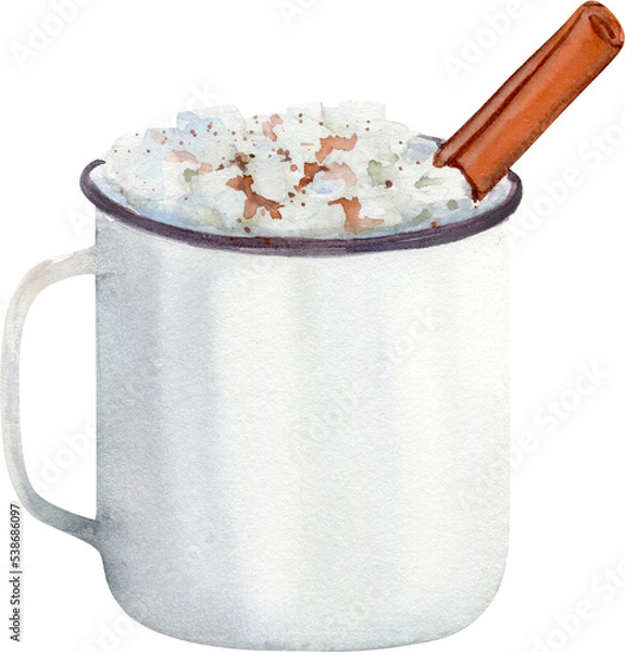 Fototapeta Hand drawn watercolor cocoa in a white cup with marshmallows and cinnamon
