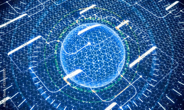 Obraz 3d illustration block chain crypto nft 3d render blue tech globe background