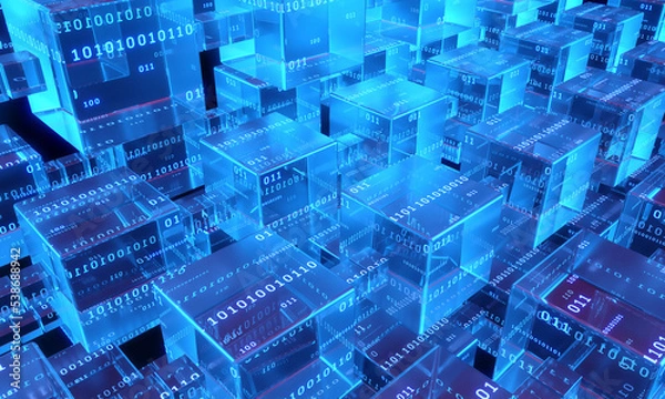 Obraz 3d illustration block chain crypto nft 3d render blue background