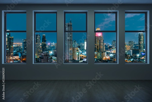Fototapeta Empty room Interior Skyscrapers View Bangkok. Downtown City Skyline Buildings from High Rise Window. Beautiful Expensive Real Estate overlooking. Night time. 3d rendering.