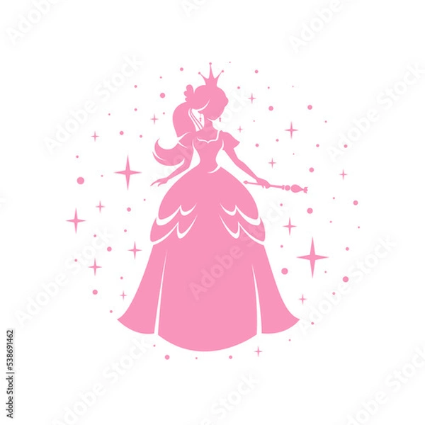 Fototapeta Princess silhouette in beautiful dress with magic wand on transparent background. Circle frame with pink dots and sparkles. Cartoon Charming fairy tale girl.