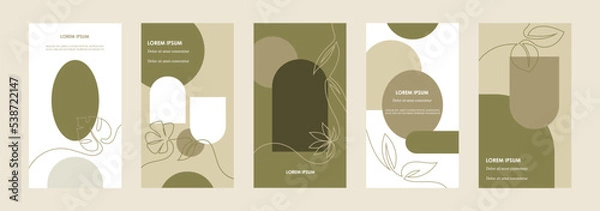 Obraz Set of natural style templates for banners, flyers, stories, brochures, web and social media posts. Organic design. Line art. Foliage, plants abstract shapes. Vector flat illustrations. EPS 10