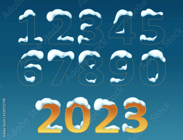 Fototapeta Winter numbers set with snow caps,  snowballs, snowdrifts set. Christmas and New Year decor elements. Cartoon flat decoration with icicles isolated on blue. Vector illustration