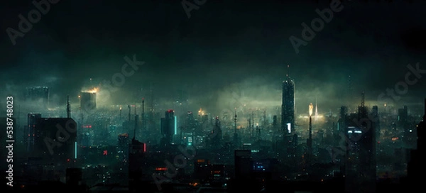 Fototapeta A digital illustration showing a futuristic cityscape of towering skyscrapers and dense smog with a retro cyberpunk ambience. 