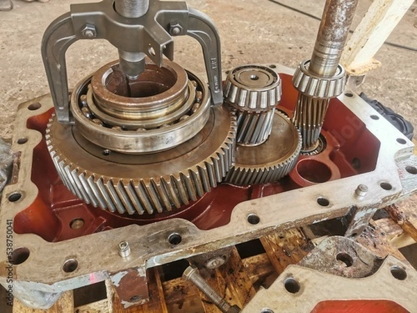 Obraz Large gears and cogs with bearing take out of machine to repair and clean the dirty trace of oil stain on shaft gear  bearings