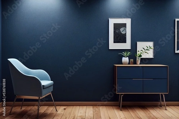 Fototapeta Commode with chair and decor in living room interior, dark blue wall mock up background, 3D render