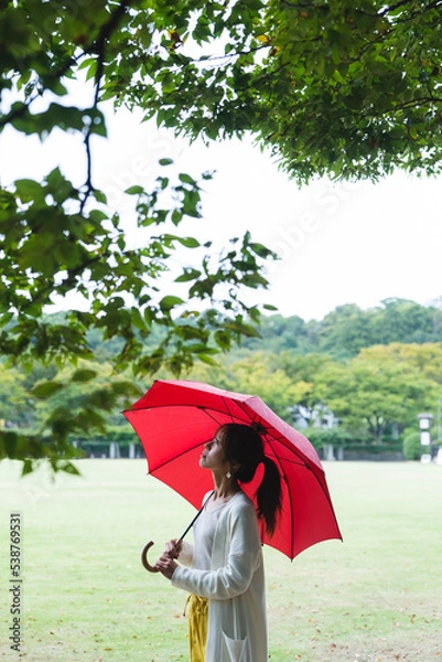 Fototapeta 雨の公園で傘を持っている女性