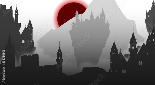 Fototapeta Illustration of a gothic city and the sun behind the mountain abstract background for application