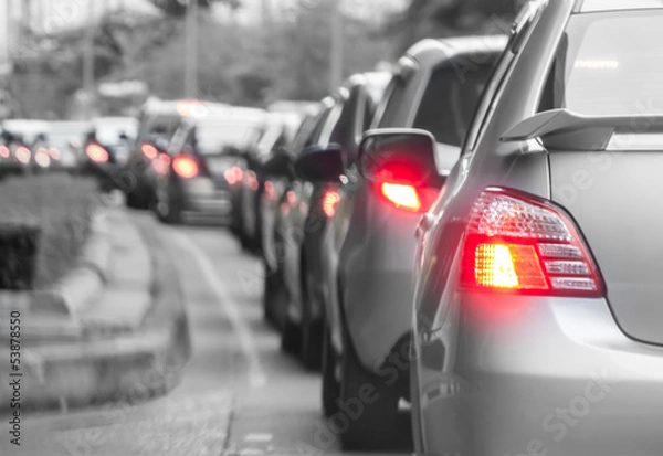 Fototapeta Car queue in the bad traffic road