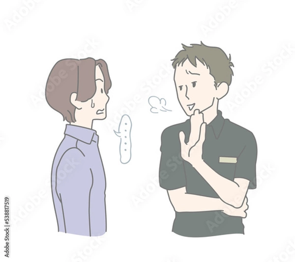 Fototapeta 接客態度が悪すぎる若い男性スタッフと、呆れる男性客